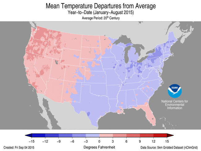 January-August 2015 Temperature Departure from Average Map