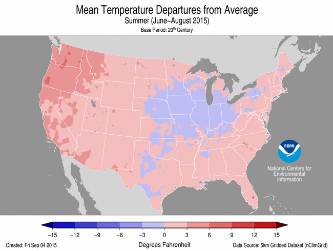 June-August 2015 Temperature Departure from Average Map