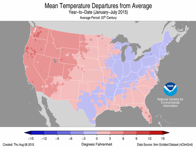 January-July 2015 Temperature Departure from Average Map