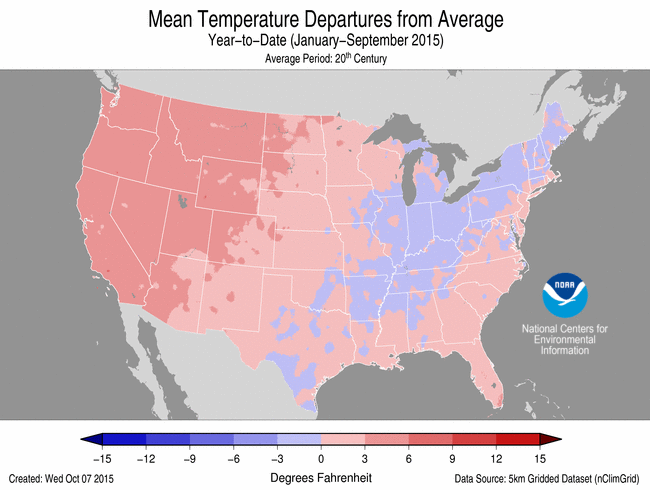 January-September 2015 Temperature Departure from Average Map