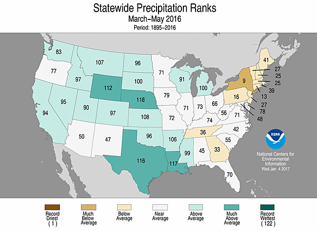 Spring 2016 Statewide Precipitation Rank Map