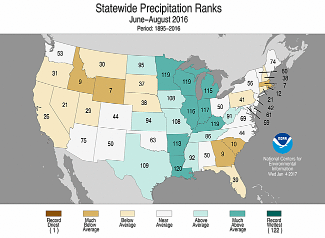 Summer 2016 Statewide Precipitation Rank Map