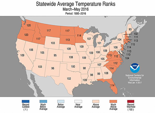 Spring 2016 Statewide Temperature Rank Map