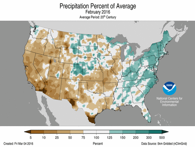 February 2016 Percent of Normal Precipitation