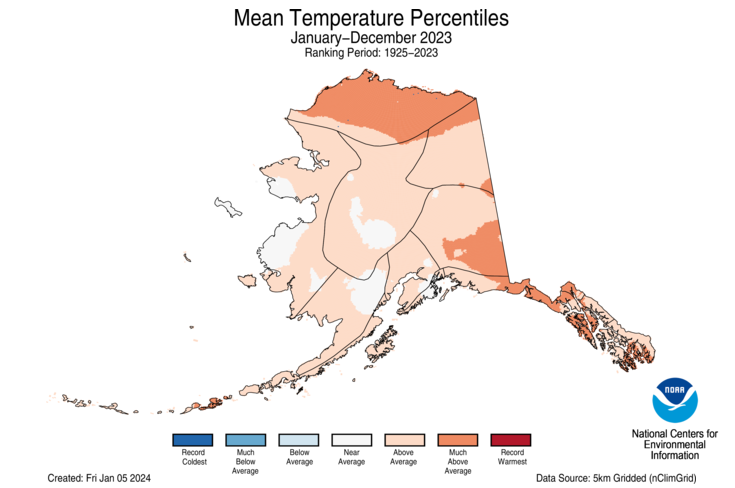 2023 Alaska Mean Temperature Percentiles Map