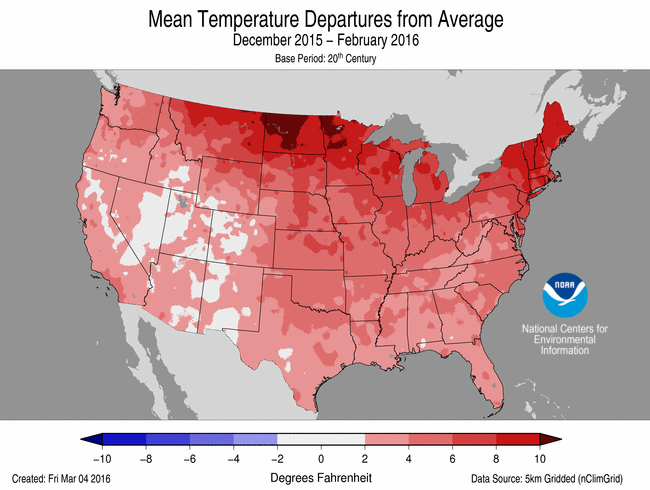 February 2016 Temperature Departure from Average Map