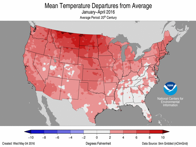 April 2016 Temperature Departure from Average Map