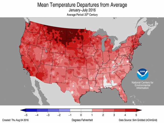 July 2016 Temperature Departure from Average Map