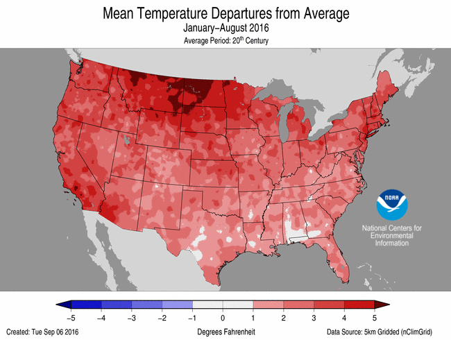 August 2016 Temperature Departure from Average Map