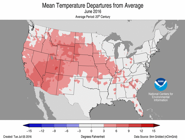 June 2016 Temperature Departure from Average Map