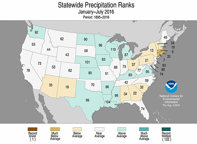 Sep-June 2016 Statewide Precipitation Ranks Map