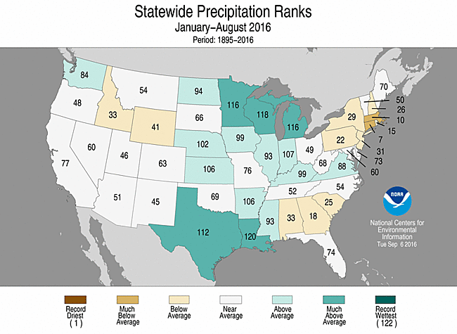 Sep-August 2016 Statewide Precipitation Ranks Map