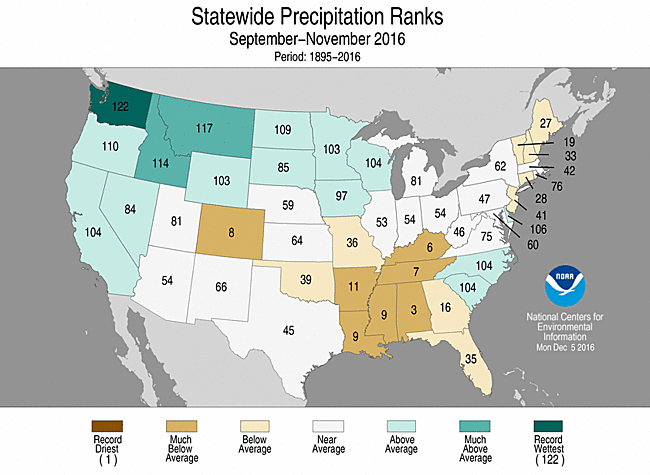 Sep-Nov 2016 Statewide Precipitation Ranks 
Map