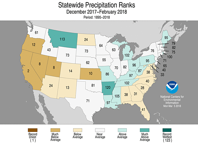 Sep-February 2018 Statewide Precipitation Ranks Map