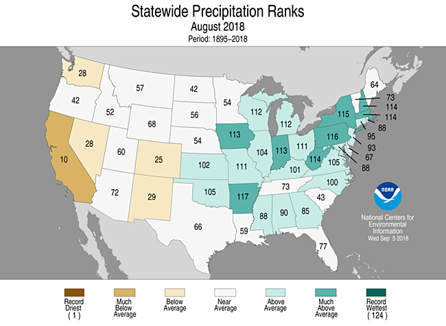 Sep-August 2018 Statewide Precipitation Ranks Map