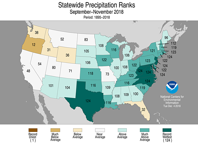 Autumn 2018 Statewide Precipitation Ranks Map