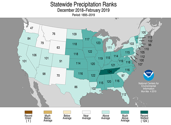December-February 2019 Statewide Precipitation Ranks Map