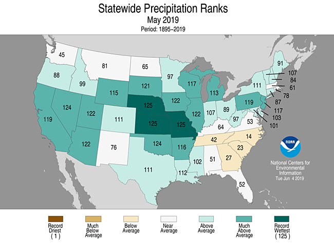 May 2019 Statewide Precipitation Ranks Map