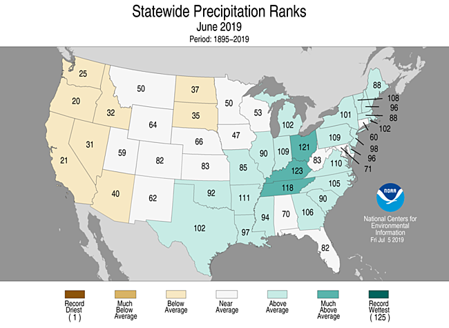 June 2019 Statewide Precipitation Ranks Map