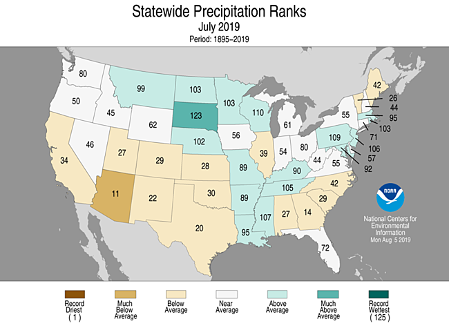 July 2019 Statewide Precipitation Ranks Map