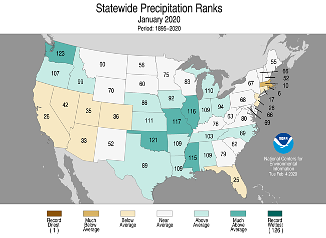 January 2020 Statewide Precipitation Ranks Map