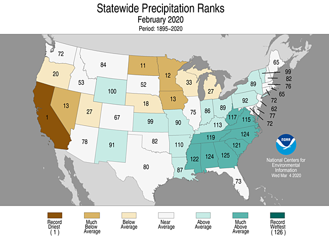 February 2020 Statewide Precipitation Ranks Map