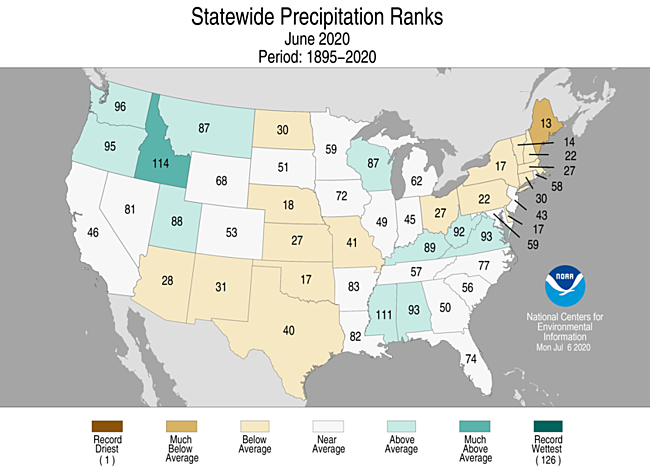 June 2020 Statewide Precipitation Ranks Map