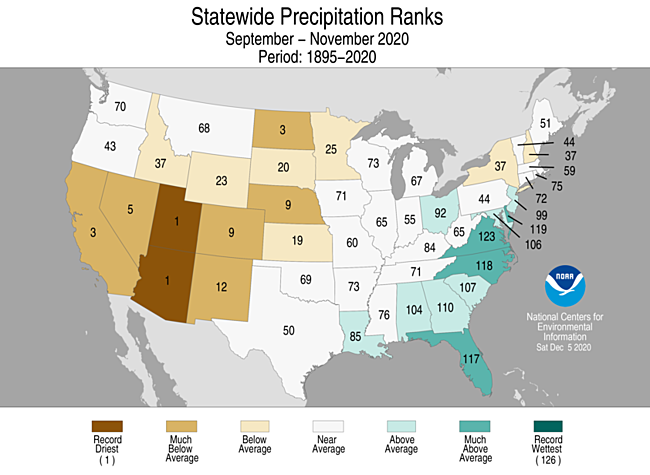 September-November 2020 Statewide Precipitation Ranks Map