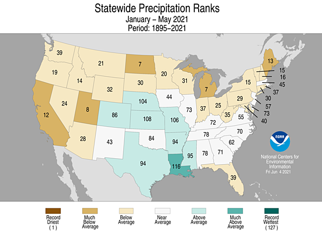 January-May 2021 Statewide Precipitation Ranks Map