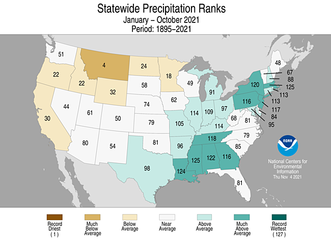 January-October 2021 Statewide Precipitation Ranks Map