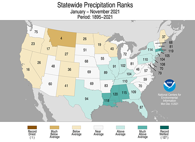 January-November 2021 Statewide Precipitation Ranks Map