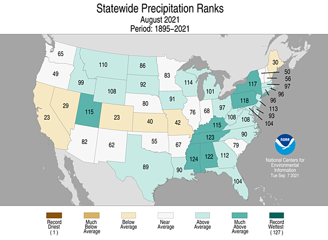 August 2021 Statewide Precipitation Ranks Map