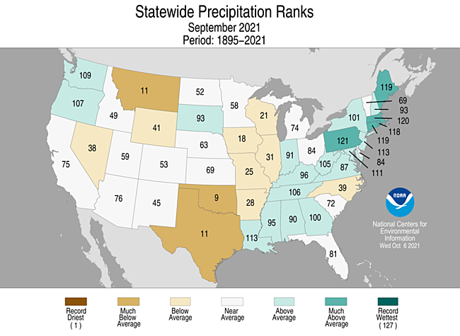 September 2021 Statewide Precipitation Ranks Map