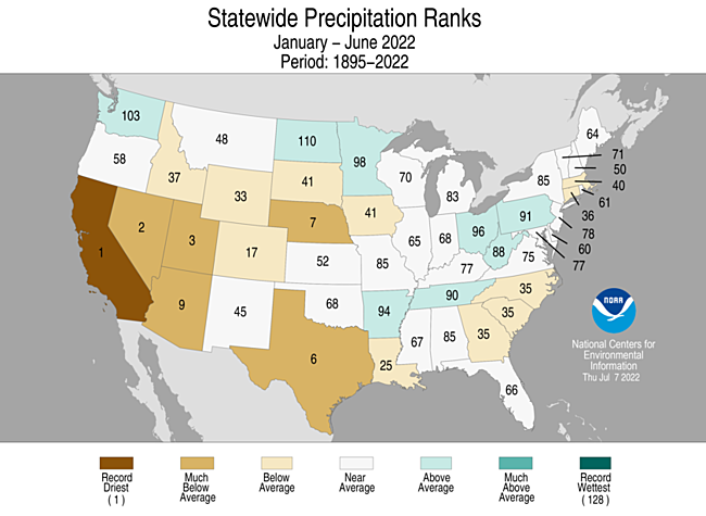 January-June 2022 Statewide Precipitation Ranks Map
