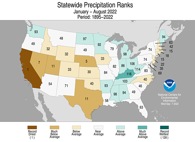 January-August 2022 Statewide Precipitation Ranks Map