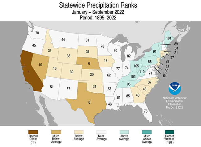 January-September 2022 Statewide Precipitation Ranks Map