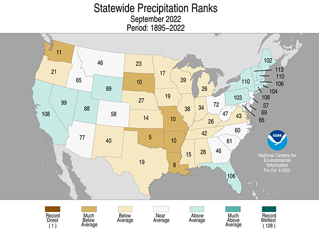 September 2022 Statewide Precipitation Ranks Map