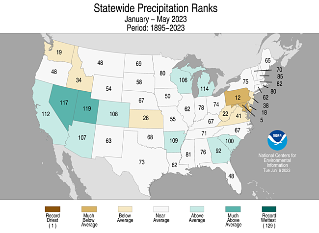January-May 2023 Statewide Precipitation Ranks Map