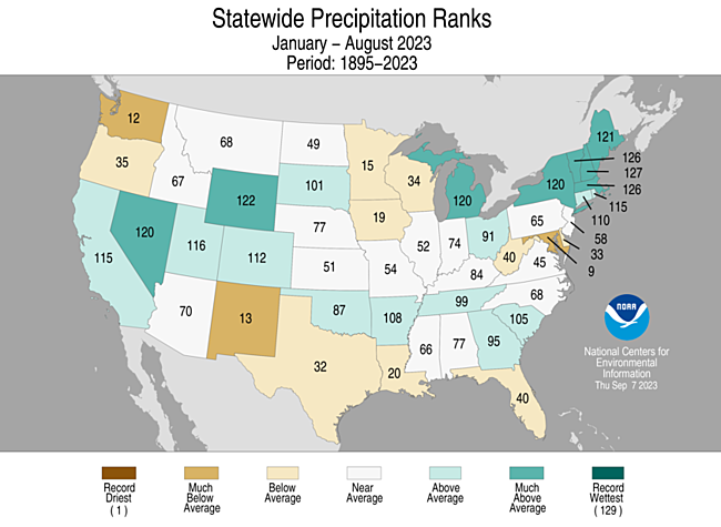 January-August 2023 Statewide Precipitation Ranks Map