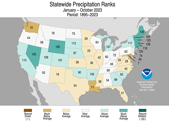 January-October 2023 Statewide Precipitation Ranks Map