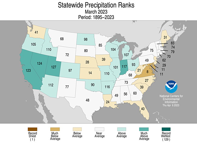 March 2023 Statewide Precipitation Ranks Map