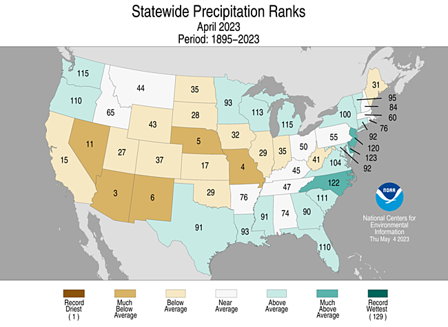 April 2023 Statewide Precipitation Ranks Map