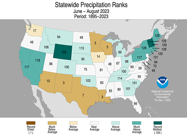 June-August 2023 Statewide Precipitation Ranks Map