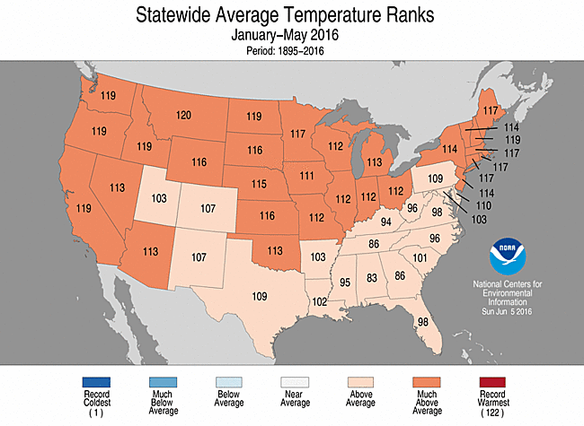 Sep-Nov 2016 Statewide Temperature Ranks Map
