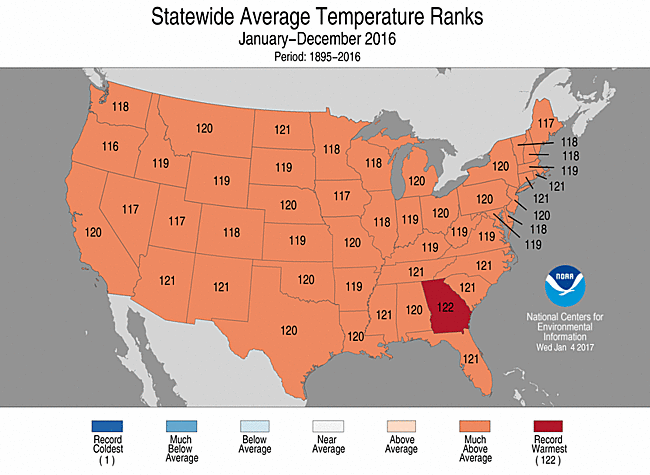 2016 Statewide Temperature Ranks Map