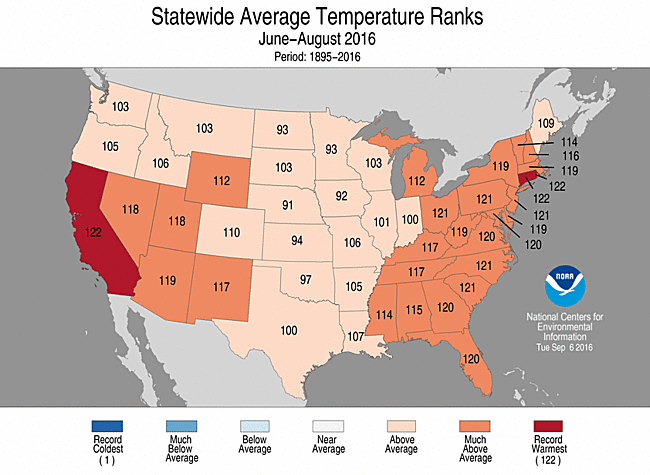 Jun-Aug 2016 Statewide Temperature Ranks Map