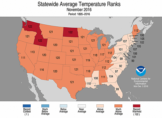 November 2016 Statewide Temperature Ranks Map
