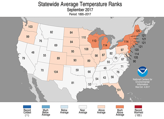 September 2017 Statewide Temperature Ranks Map
