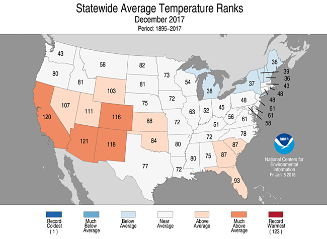 December 2017 Statewide Temperature Ranks Map