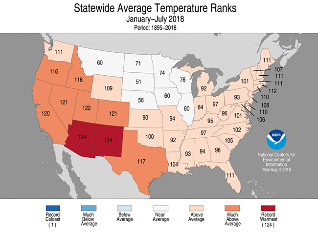Jan-July 2018 Statewide Temperature Ranks Map